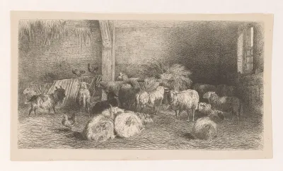 Stalinterieur met schapen, geiten en kippen