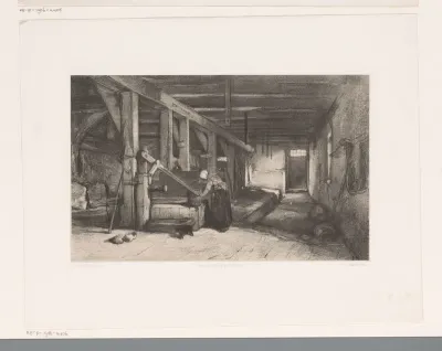Stalinterieur met vrouw bij waterpomp