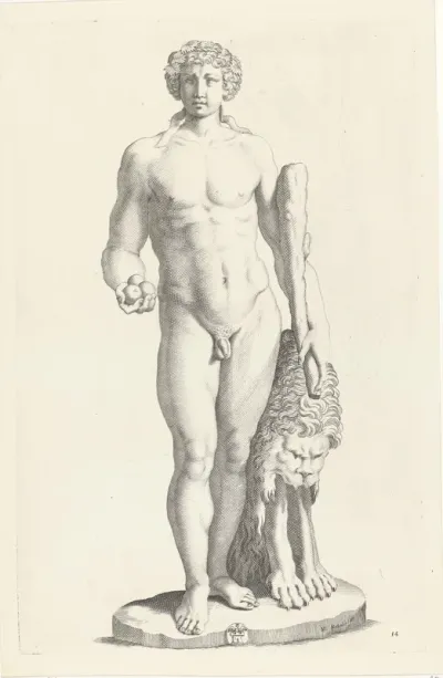 Standbeeld van Hercules met de appelen van de Hesperiden in de hand