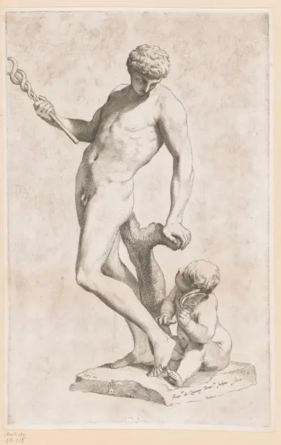 Standbeeld van Mercurius met een putto aan zijn voeten