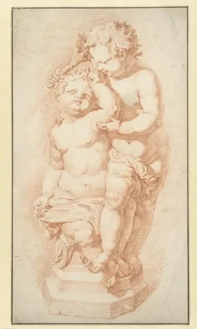 Standbeeld van twee putti met een fakkel