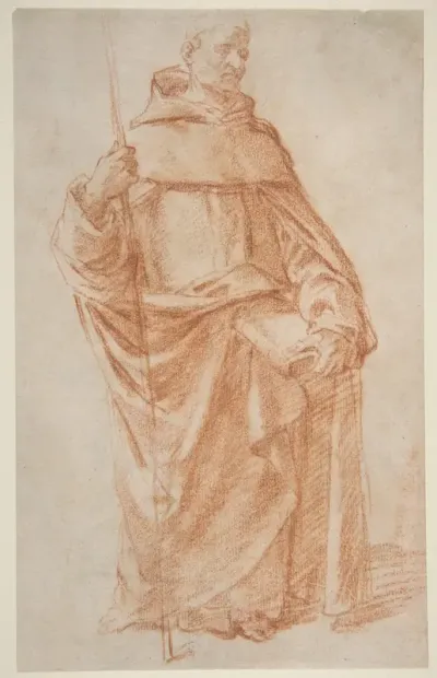 Standing Dominican or Servite Holding a Book and Staff (recto); Study of two warriors (verso)