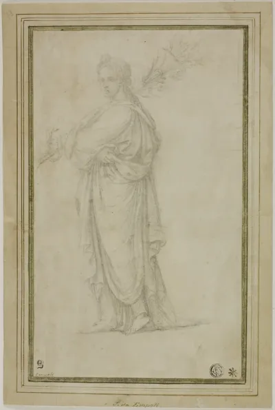 Standing Draped Female Figure Carrying Trumpet, Flowers