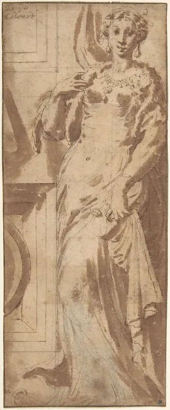 Standing Female Figure and Ornamental Framework