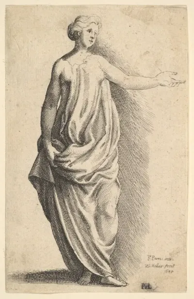 Standing female figure in loose classical robe, with arm outstretched