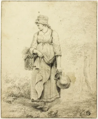 Standing Girl Holding Pitcher and Basket