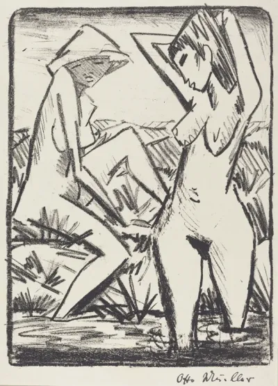 Standing Girl in Water and the Other Sitting on Shore (Im Wasser stehendes und am Ufer sitzendes Madchen mit Hut)