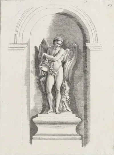 Standing male angel holding an empty bowl and looking down; allegory of Winter; after a bas-relief on the Fontaine des Quatre-Saisons (Paris)