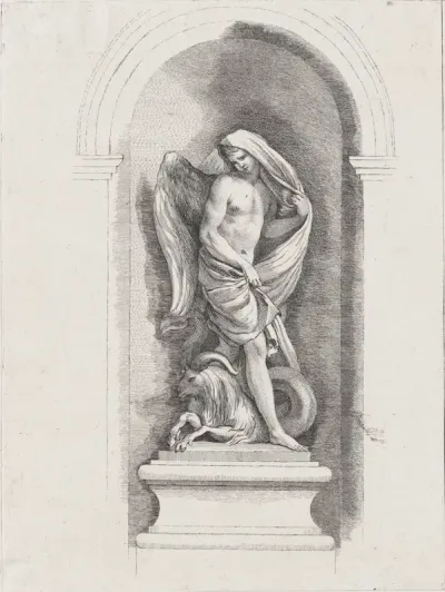 Standing male angel holding drapery and standing over a ram; allegory of Spring; after bas-relief on Fontaine des Quatre-Saisons (Paris)