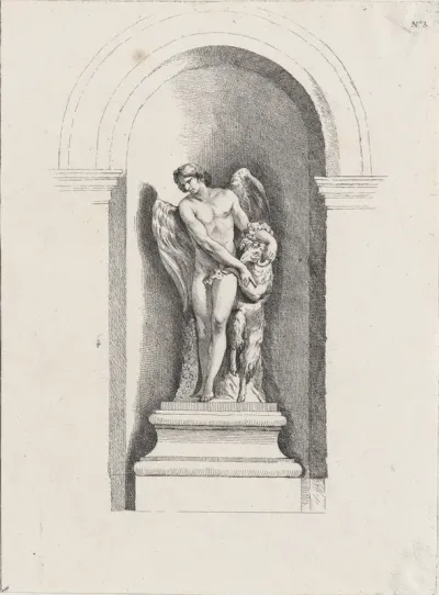 Standing male angel looking down to left and holding a ram; allegory of Summer; after a bas-relief on the Fontaine des Quatre-Saisons (Paris)