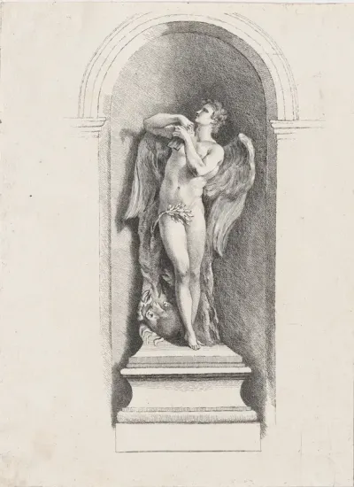 Standing male angel looking up and holding a flute; after Fontaine des Quatre-Saisons (Paris)