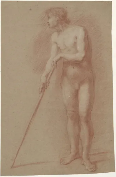 Standing male nude, both hands resting on a stick