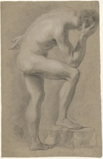 Standing male nude, his head and right arm resting on his right knee (verso: sketch of a standing male nude)