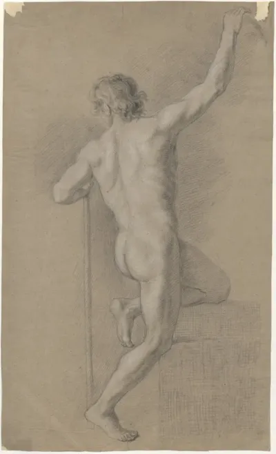 Standing male nude, his left knee resting on a platform, his arm on a stick