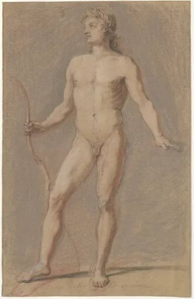 Standing male nude, wearing a laurel wreath and holding a bow in his right hand