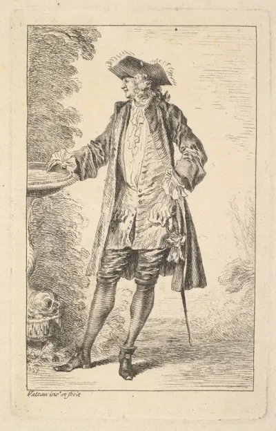 Standing man with his right hand resting on a basin, shown in three-quarters view with his head turned toward the left, from "Figures of Fashion" (Figures de Modes)