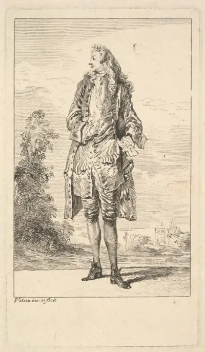 Standing man with right hand tucked into his waistcoat, shown in frontal view with his head turned toward the left, from "Figures of Fashion" (Figures de Modes)