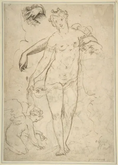 Standing Nude Female and Putto with Studies of a Hand and an Arm (recto); Satyrs destroying a Female Herm (verso)