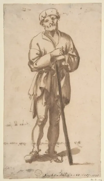 Standing Old Man in Frontal View Leaning On a Staff