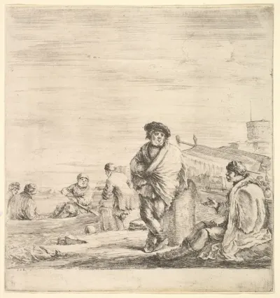 Standing sailor in center talking to a seated Levantine man to left, seen in profile, other sailors with a boat to left in the background