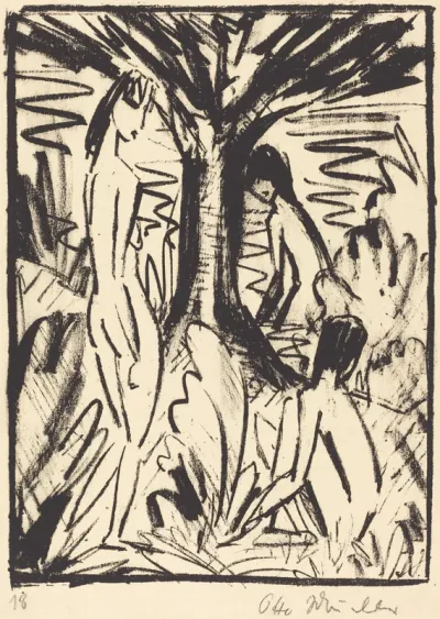 Standing, Sitting, and Bathing Girls near a Tree (Stehende, sitzendes und badendes Madchen am Baum)