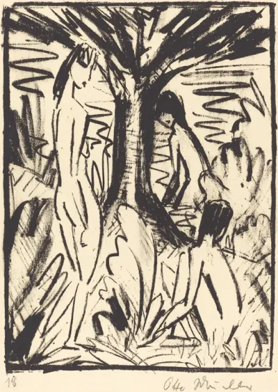 Standing, Sitting, and Bathing Girls near a Tree