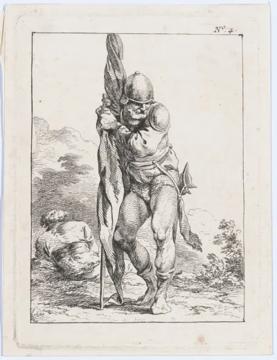 Standing Soldier Holding a Rolled Flag