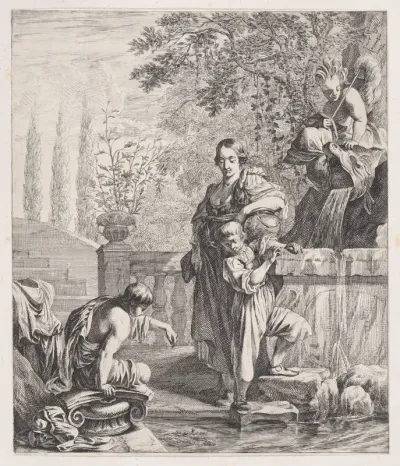 Standing Woman with a Child near a Fountain
