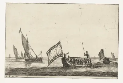Statensloep en zeilschepen op kalm water