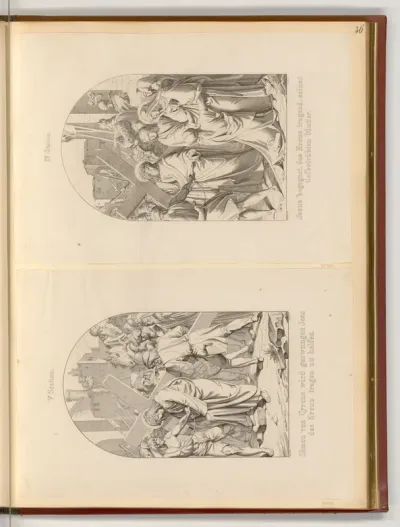 Stationen des Kreuzweges Jesu: Jesus begegnet seiner Mutter Maria (IV. Station), Simon von Cyrene hilft Jesus das Kreuz tragen (V. Station)