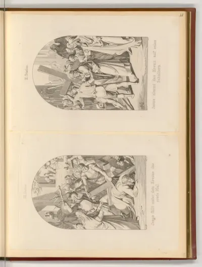 Stationen des Kreuzweges Jesu: Jesus nimmt das Kreuz auf seine Schultern (II. Station), Jesus fällt unter dem Kreuze das erste Mal (III. Station)
