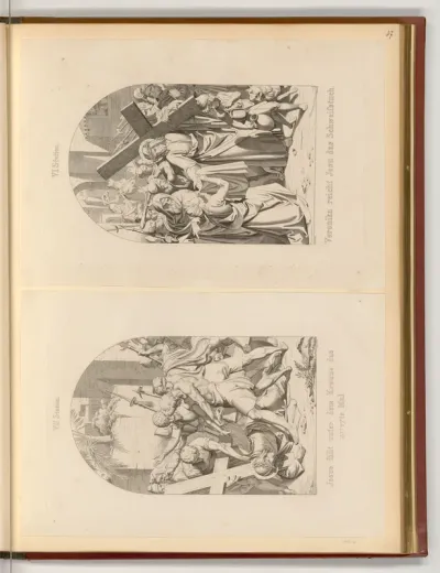 Stationen des Kreuzweges Jesu: Veronika reicht Jesus das Schweißtuch (VI. Station), Jesus fällt zum zweiten Mal unter dem Kreuz (VII. Station)