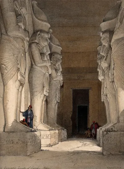 Statuary in excavated temple at Gyrshe, Nubia