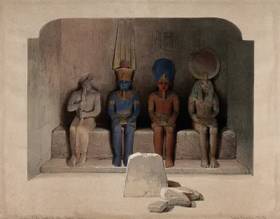 Statuary of Egyptian deities in the temple at Abu Simbel, Egypt