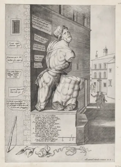 Statue of Pasquin in the House of Cardinal Ursino, from "Speculum Romanae Magnificentiae"