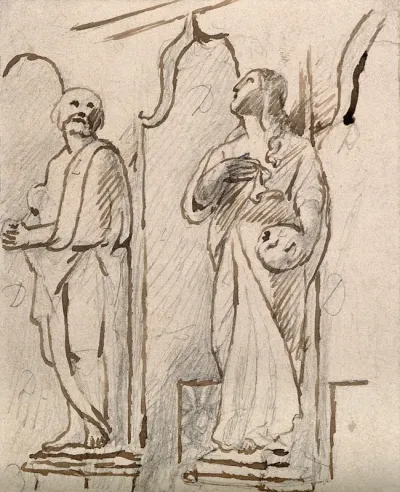 Statues of an apostle and Christ (?)