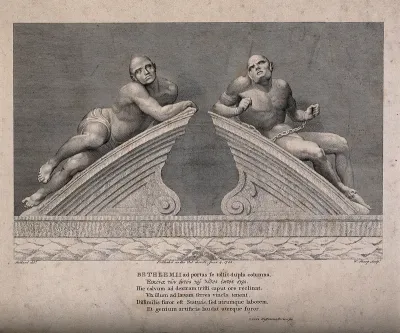 Statues of "raving" and "melancholy" madness, each reclining on one half of a broken segmental pediment, formerly crowning the gates at Bethlem [Bedlam] Hospital