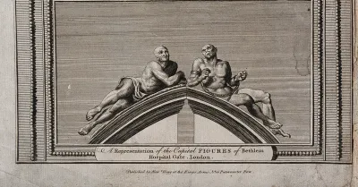 Statues of "raving" and "melancholy" madness, each reclining on one half of a pediment, formerly crowning the gates at Bethlem [Bedlam] Hospital