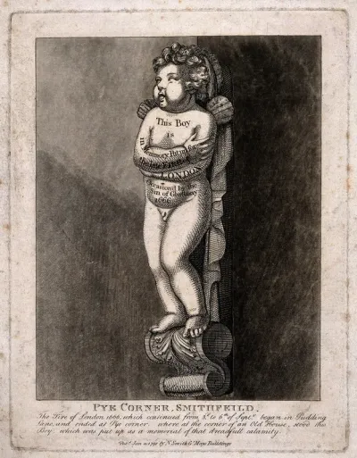 Statuette of a naked boy standing on a corbel, commemorating the Great Fire of London, 1666