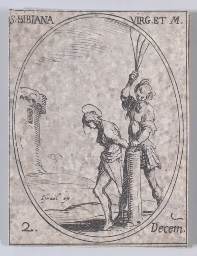 Ste. Bibienne, vierge et martyre (St. Bibiana, Virgin and Martyr), December 2nd, from "Les Images De Tous Les Saincts et Saintes de L'Année" (Images of All of the Saints and Religious Events of the Year)