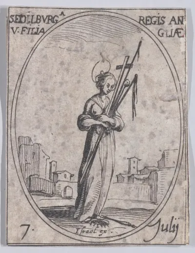 Ste. Edilburge, fille du roi d'Angleterre (St. Ethelburga, Daughter of the King of England), July 7th, from "Les Images De Tous Les Saincts et Saintes de L'Année" (Images of All of the Saints and Religious Events of the Year)