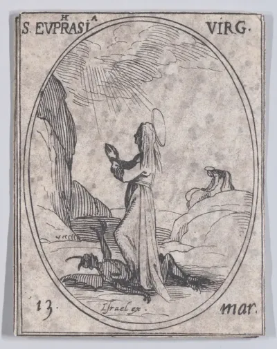 Ste. Euphraise, vierge (St. Euphrasia, Virgin), March 13th, from "Les Images De Tous Les Saincts et Saintes de L'Année" (Images of All of the Saints and Religious Events of the Year)