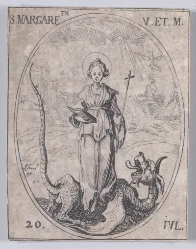 Ste. Marguerite, vierge et martyre (St. Margaret of Antioch, Virgin and Martyr), July 20th, from "Les Images De Tous Les Saincts et Saintes de L'Année" (Images of All of the Saints and Religious Events of the Year)