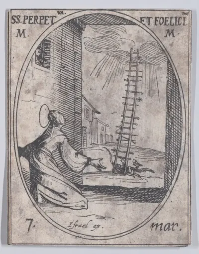 Ste. Perpétue et Ste. Félicité, martyres (St. Perpetua and St. Felicita, Martyrs), March 7th, from "Les Images De Tous Les Saincts et Saintes de L'Année" (Images of All of the Saints and Religious Events of the Year)