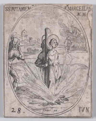 Ste. Potamienne et Ste. Marcelle, martyres (St. Potamiaena and St. Marcella, Martyrs), June 28th, from "Les Images De Tous Les Saincts et Saintes de L'Année" (Images of All of the Saints and Religious Events of the Year)