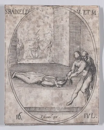 Ste. Reynelde, vierge et martyre (St. Reineldis, Virgin and Martyr), July 16th, from "Les Images De Tous Les Saincts et Saintes de L'Année" (Images of All of the Saints and Religious Events of the Year)