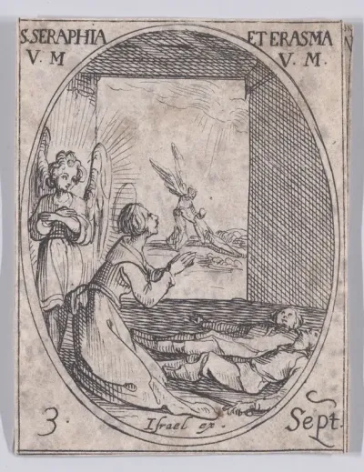 Ste. Séraphie et Ste. Erasme, vierges et martyres (St. Seraphia and St. Erasma, Virgins and Martyrs), September 3rd, from "Les Images De Tous Les Saincts et Saintes de L'Année" (Images of All of the Saints and Religious Events of the Year)