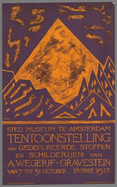 Sted. Museum te Amsterdam. Tentoonstelling van gedecoreerde stoffen en schilderijen van A. Wegerif-Gravestein van 7 tot 31 October.