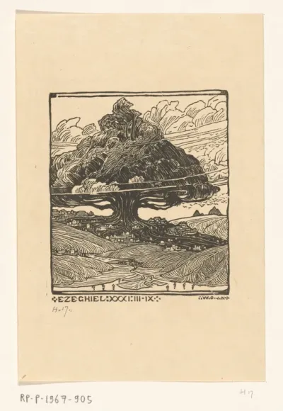 Steden onder een ceder in een berglandschap