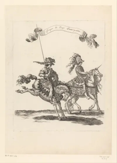 Steekspeler en bediende verkleed als wildeman op een paard en een paard verkleed als eenhoorn